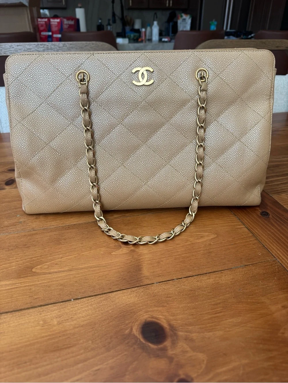 CHANEL Beige Quilted Caviar Leather Shoulder Bag with Gold Chain